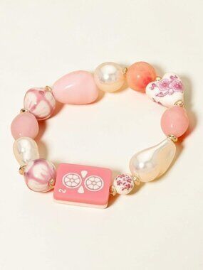 Mahjong Tile Bracelet Pink Chunky Beaded Pearl Heart Stretch Bracelet NWT